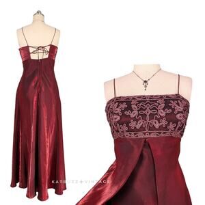 Vintage Prom Dress Maxi Gown Red L Fairy Goth 90s Y2K Slip Empire Babydoll Split